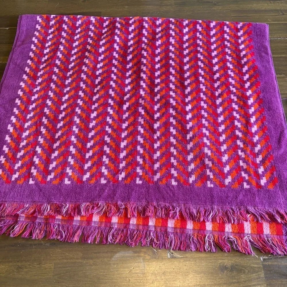 Vintage YSL Towel Set Chevron Abstract Geo Retro Bright Purple Red Orange Fringe